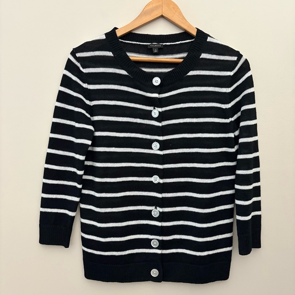 Talbots 100% Linen Black White Striped Button Cardigan Sweater 3/4 Sleeve Size S